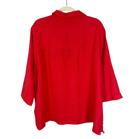 Tahari 100% Linen V-Neck Tunic Top Coral Red Sz 2X Effortless Timeless Vacation - Picture 3 of 8